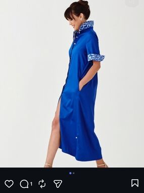 Royal Blue Button-Front Shirt Dress with Contrast Trim
